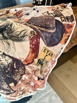 Western Cowboy Collage Printed Sherpa Blanket
