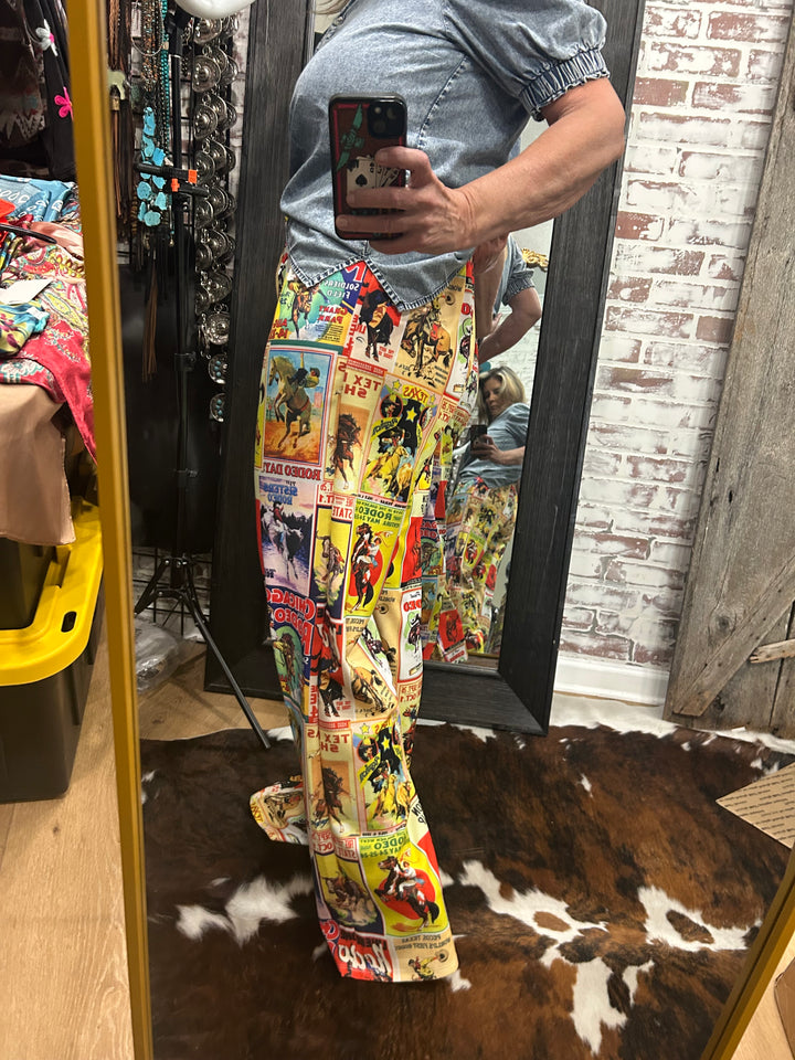 Old Rodeo Poster Trouser Pants-Yellow