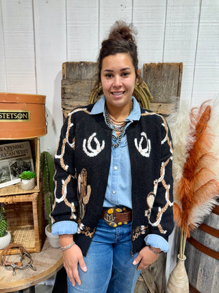 BLACK CACTUS HORSESHOE KNIT ZIP-UP SWEATER