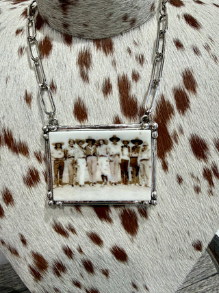 Western Photo Pendant Necklace on Paperclip Chain | Vintage Cowgirl Statement Necklace Shown on neck bust for length reference 