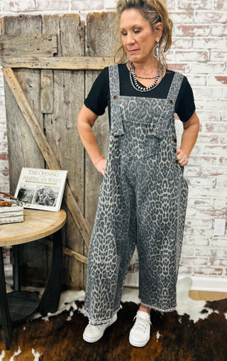 Easel Leopard Print Twill Overalls-Gray