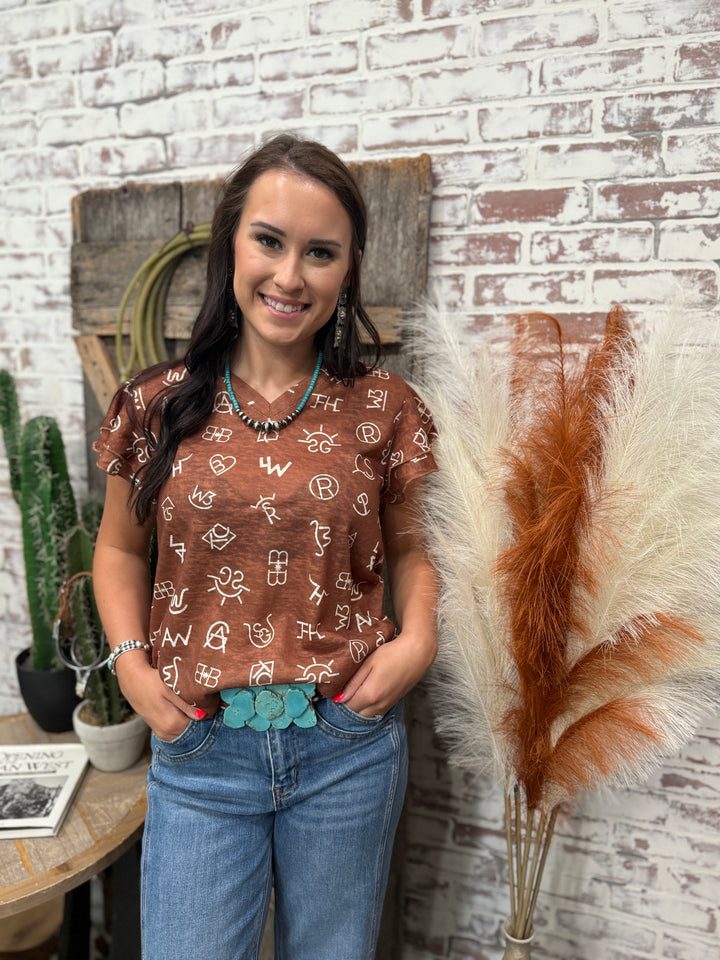 Rust Cattle Brand Ruffle Sleeve Top