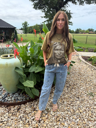 Vintage Western Warrior Graphic Tee for Women | Mineral Washed Olive Relaxed  T-Shirt