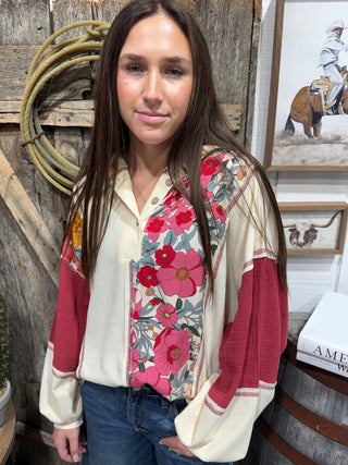 Free Spirit Floral Waffle Knit Patchwork Relaxed Hoodie