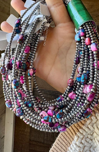 Pink/Purple Mojave Turquoise & Sterling Silver Pearl Necklace – 3mm Navajo Pearls, 14” Choker with 2” Extender