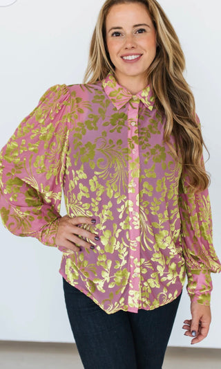 Lime Green & Pink Jacquard Floral Velvet Puff Sleeve Top Blouse -Western Dressy Top