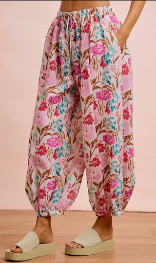 Blush Bloom Floral Balloon Pants | Boho Wide Leg Elastic Waist Pants