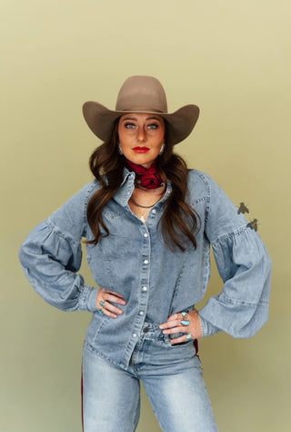 The Denim Drama Pearl Snap Top