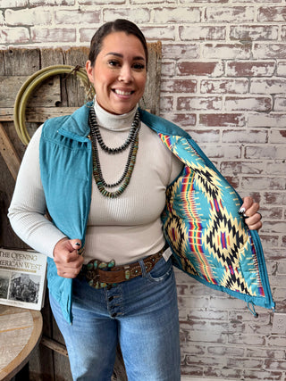 Teal Aztec Lined Western Boot Stitch Vest – Cowgirl Rodeo Style