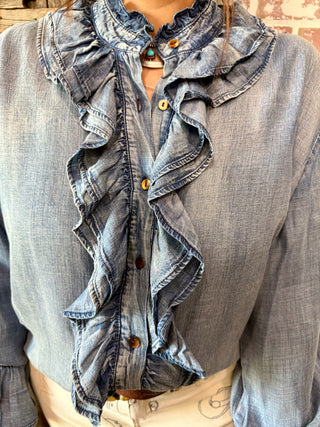 Jaded Gypsy A Ruffle In Time Denim Ruffle Shirt