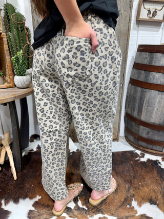 Back view Easel Leopard Print Barrel Pants for Women | Mineral Washed Wide Leg Pants