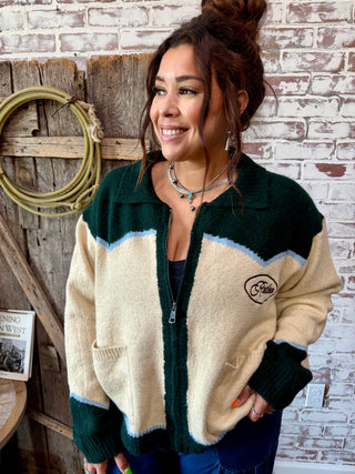 Cowgirl Rodeo Horse Graphic Western Zip Up Cardigan-Evergreen