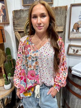 Boho Mixed Print Floral Peasant Top