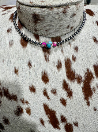 Triple Bead Cotton Candy Turquoise Choker – Sterling Silver Navajo Pearl Style 4/6/8 mm beads -002