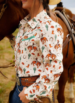 Howdy Hanny Western Bronc Pearl Snap Shirt for Women | Vintage Cowgirl Print Button Down
