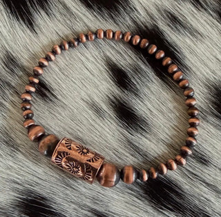 Stamped Copper Barrel Bead & Pearl Bracelet-Stretch