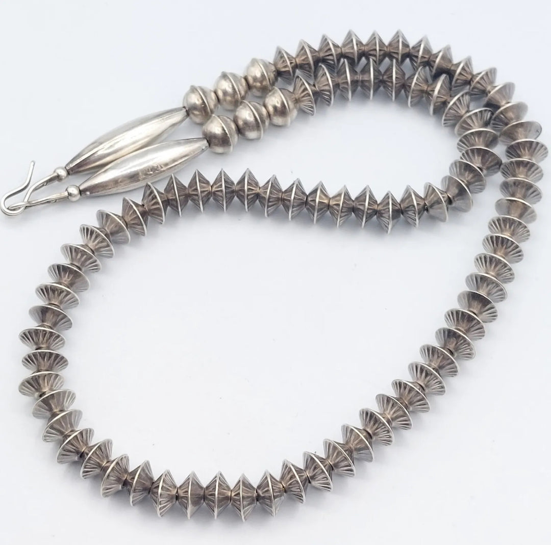 18” Fluted Navajo Saucer Sterling Silver Bench Bead Necklace
