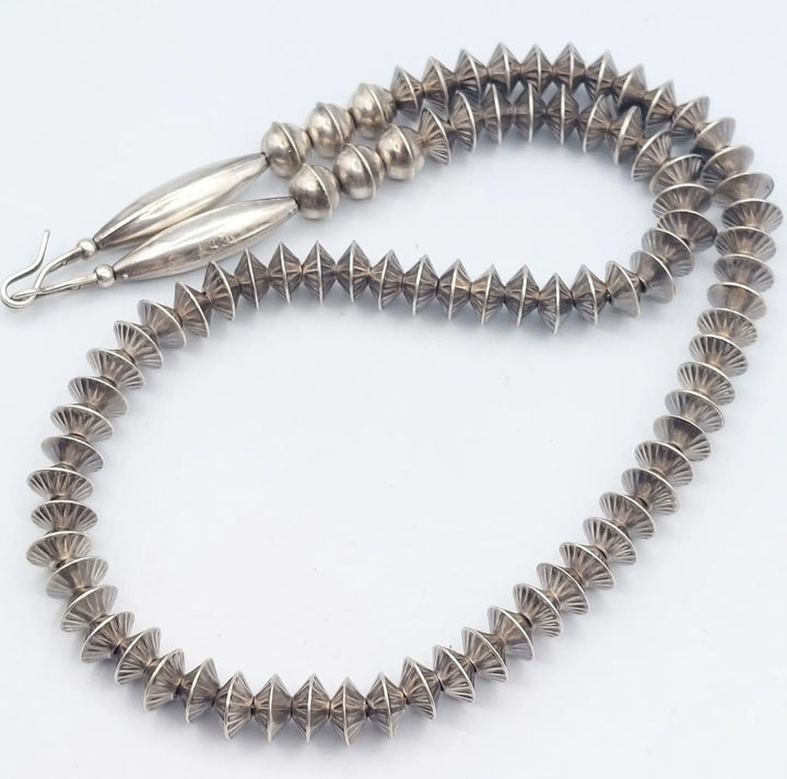 18” Fluted Navajo Saucer Sterling Silver Bench Bead Necklace