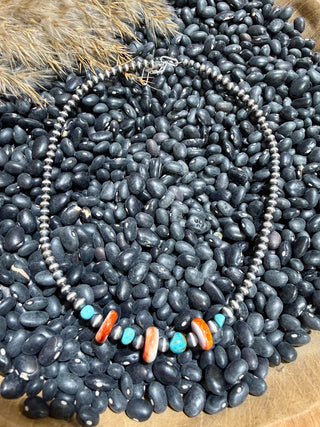 Orange Spiny Oyster & Turquoise Choker Necklace with Sterling Silver Pearls – Southwestern Cowgirl Jewelry 16”