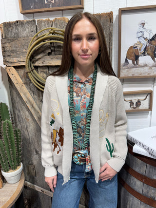 Bronc Rider Rodeo Embroidered Cardigan-Tan