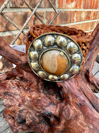 Braided Brown Leather Belt with Natural Stone Concho