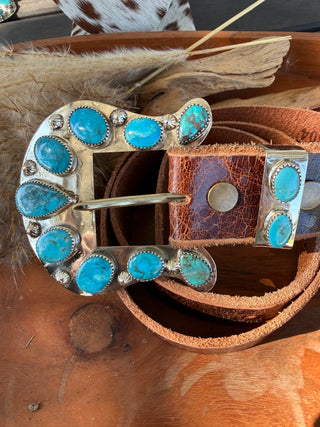 Custom Authentic Kingman Turquoise Statement Belt Buckle Set
