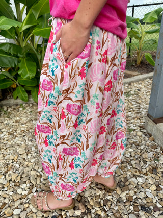 Blush Bloom Floral Balloon Pants | Boho Wide Leg Elastic Waist Pants