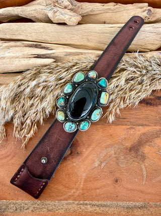Black Onyx & Turquoise Leather Cuff Bracelet | Southwestern Statement Cuff