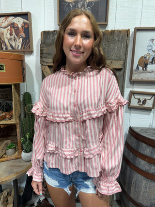 Pink Stripe Ruffle Blouse for Women | Boho Cowgirl Peplum Top