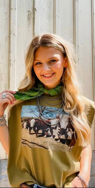 Herd of Herefords Boxy Muscle Tank – Olive Western Graphic Cowgirl Tee