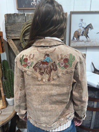 Wild West Bronc Rider Embroidered Acid Wash Denim Jacket