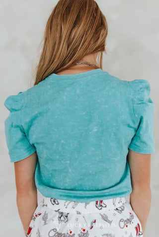 Back of Turquoise Western Embroidered Boot Stitch Puff Sleeve Top for Women