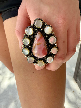 Blushing Rose Pink Opal & Mother of Pearl Adjustable Statement Ring