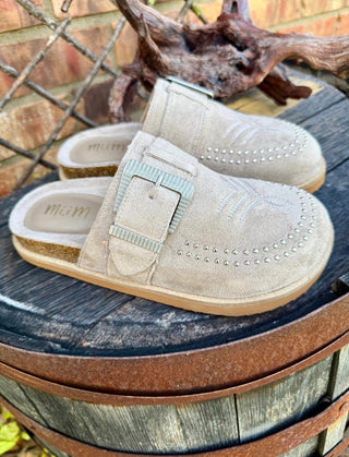 Cheyenne Trails Western Buckle Studded Suede Clogs – Taupe