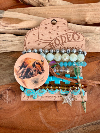 Western Buffalo Charm Bracelet Stack | Turquoise Cross Cowgirl Beaded Bracelets