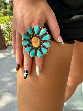 Orange Spiny Oyster & Kingman Turquoise Flower Ring- adjustable