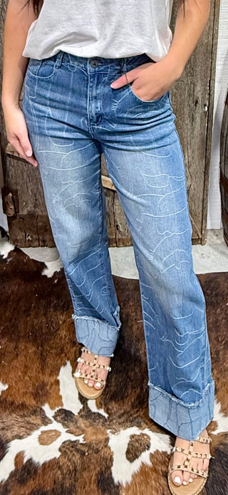 2 Fly Boot Print Cuffed Wide Leg Jeans