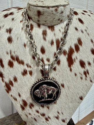 Western Buffalo Medallion Chunky Chain Necklace | Silver Statement Cowgirl Pendant