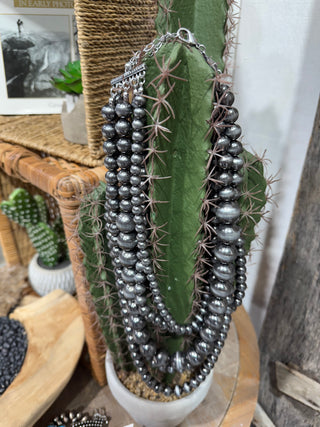 5-Strand Graduated Navajo-Style Oxidized Silver Bead Necklace – Layered Western Statement Jewelry