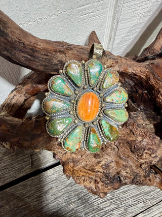 Tibetan German Silver Concho Pendant | Royston Turquoise & Orange Spiny Oyster | Fits Up to 10mm Navajo Pearls