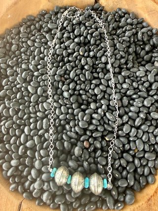 Triple Mercury Dime Sterling Silver & Turquoise Necklace | Western Boho Statement Necklace-20” long