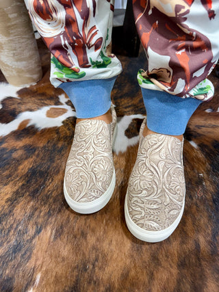 Tooled Floral Slip-On Sneakers – Cream Western Embossed Casual Shoes for Women