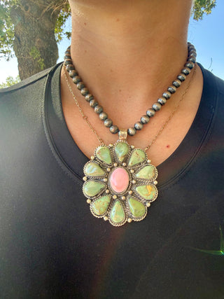 Royston Turquoise & Pink Conch German Silver Pendant(pearls not included)