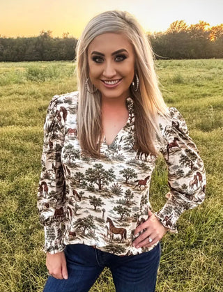 Rustic Roamer Western Horse Print Top
