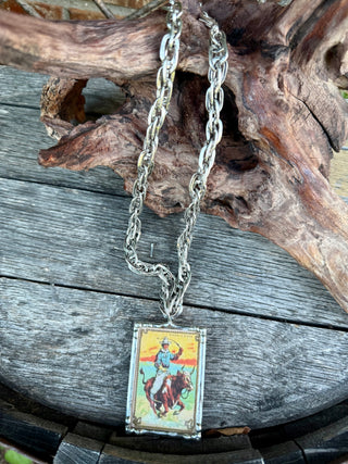 Vintage Rodeo Cowboy Steer Riding Necklace – Western Bucking Steer Pendant