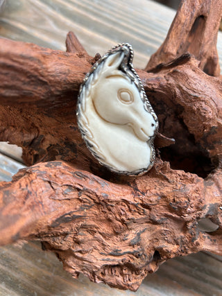 Carved Bone Horse Head Adjustable Ring