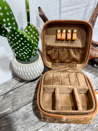 Inside Small Western Cowhide Travel Jewelry Case | Cowhide Zip Jewelry Organizer for Rings, Earrings & Accessories- Black or Brown 
