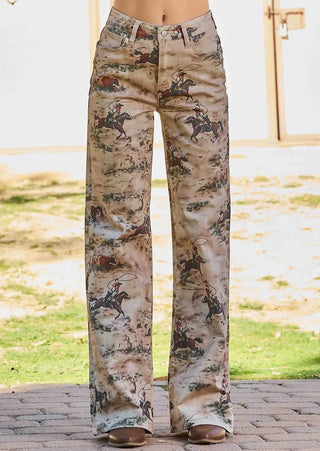 Vintage Western Cowboy Print Wide-Leg Pants – High-Waisted Retro Rodeo Trousers