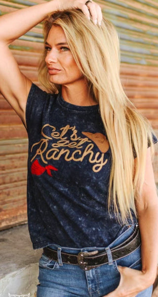 Let’s Get Ranchy Navy Mineral Wash Embroidered Tee | Western Graphic Patch Shirt – Plus Size Also !