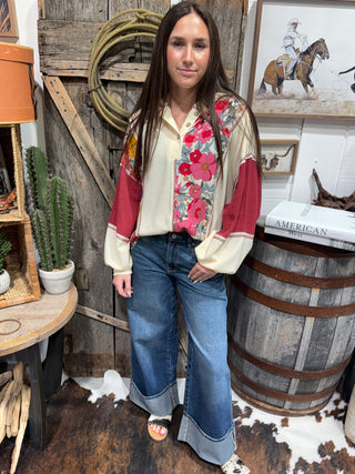 Free Spirit Floral Waffle Knit Patchwork Relaxed Hoodie